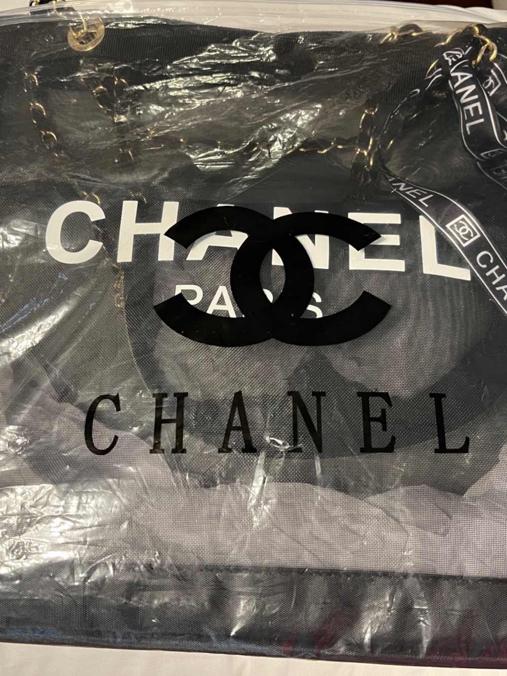 CHANEL Black Mesh 'CHANEL PARIS' Tote with Gold Chain Strap - Picture 12 of 12